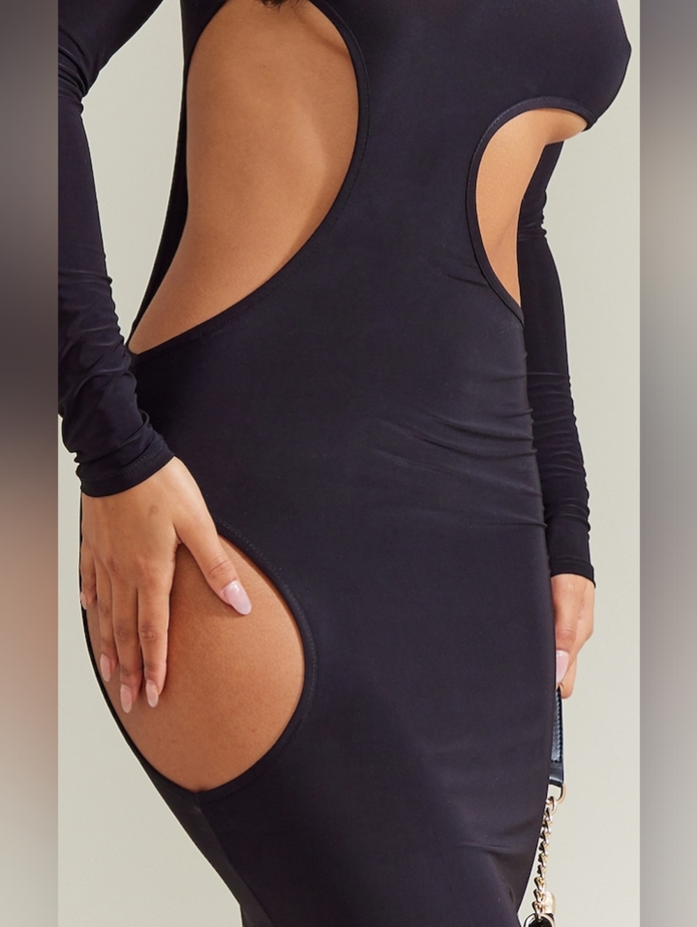 Akira Full Length Long Sleeve Black Maxi Dress - Bodycon Keyhole Side Cut-Outs - Picture 4 of 9